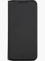 Schwarze, lederähnliche Smartphone-Folio-Hülle mit abgerundeten Ecken und magnetischem Klapverschluss, geschlossen auf weißem Hintergrund dargestellt.