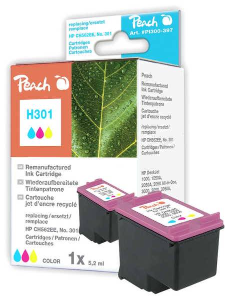 Karton mit Peach H301 wiederaufbereiteten Farbdruckpatronen, zeigt zwei schwarze Patronen mit Magenta-Oberteilen und einem 1x 5,2 ml-Etikett.