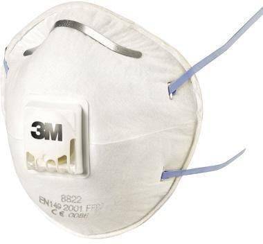 Weiße FFP2-Atemschutzmaske mit blauen Trägern, einem Metallbügel für die Nase, einem Frontventil, mit den Aufschriften '3M' und 'EN149:2001 FFP2'.