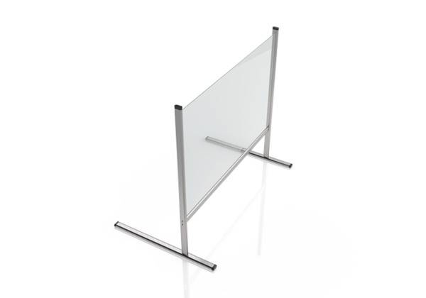 Acryl-Spuckschutz auf einem Ständer mit Metallrahmen, verwendet zum Schutz an Theken oder Schreibtischen.