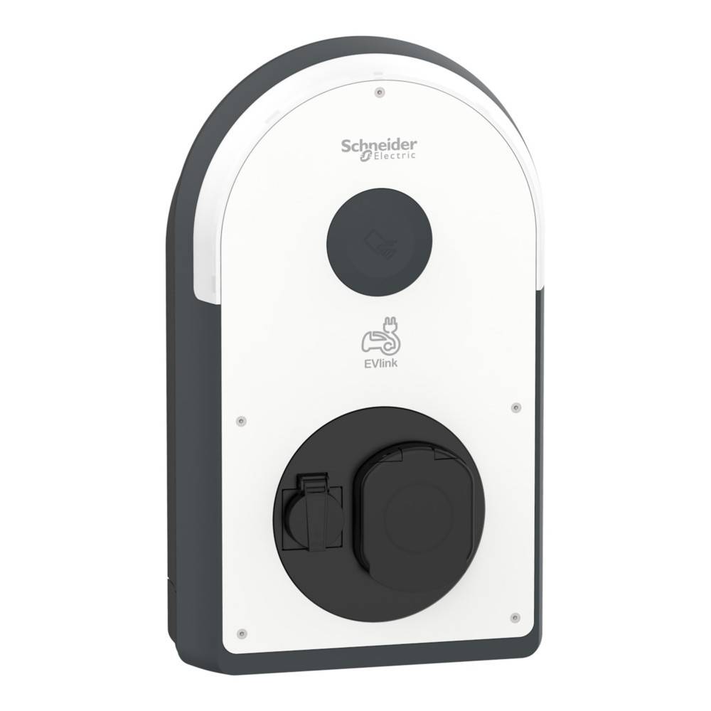 Elektrofahrzeug-Ladestation von Schneider Electric, Modell EVlink, mit zwei Anschlüssen, für Parkplätze und Wandmontage konzipiert.