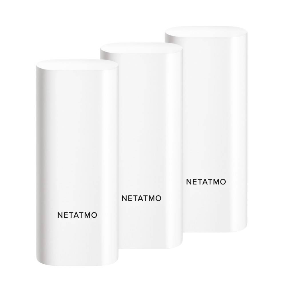 Drei weiße rechteckige intelligente Heimsensoren mit der Bezeichnung „NETATMO