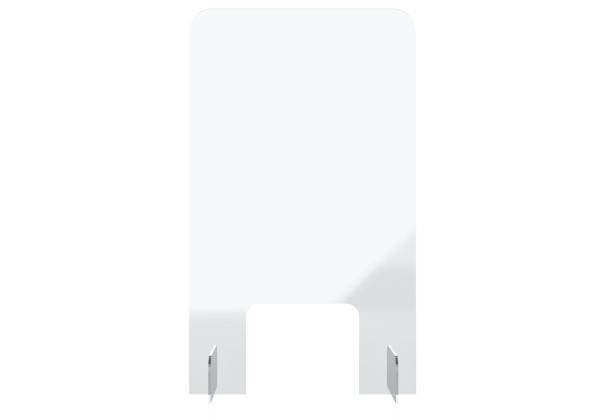 Ein transparenter Acryl-Niesschutz mit Metallständern, für Arbeitsplatten konzipiert, mit einer zentralen Öffnung unten für Transaktionen.
