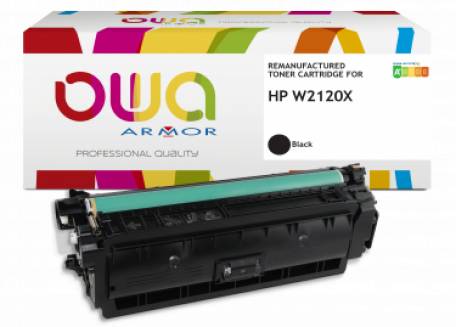OWA Armor Wiederaufbereitete Tonerpatrone für HP W2120X, schwarz, gezeigt mit Produktbox und Patrone.
