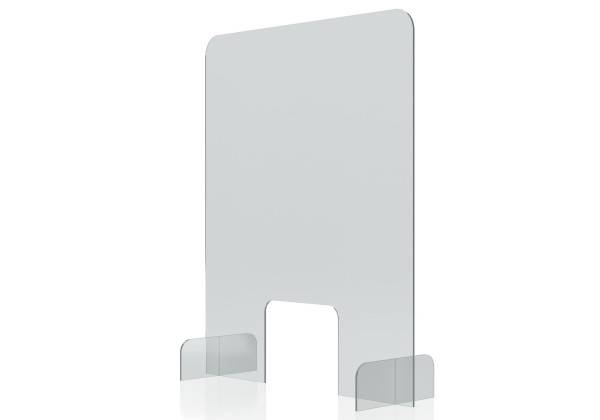 Transparente Acryl-Niesschutzwand oder Displayschutz mit U-förmigem Bodenausschnitt und zwei kleinen Seitenstützen auf weißem Hintergrund.