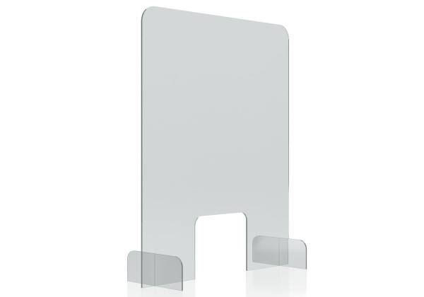 Transparenter Acrylschild-Halter mit einer mittigen Aussparung und zwei kleinen seitlichen Stützen, auf weißem Hintergrund dargestellt.