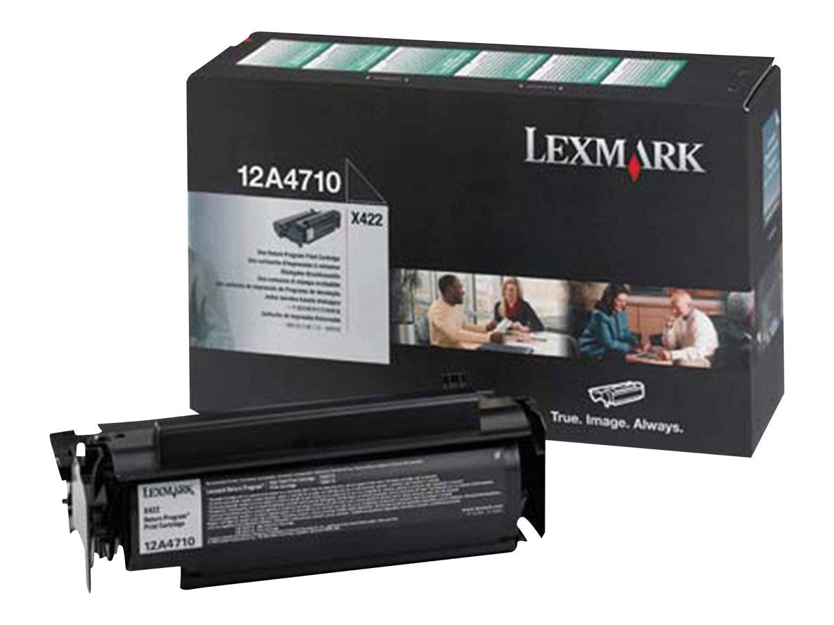 Lexmark 12A4710 Drucker-Tonerpatrone mit Produktverpackung und Patrone vor weißem Hintergrund dargestellt.