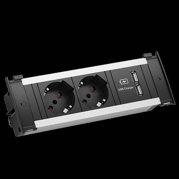Eine Steckdose mit zwei Anschlüssen und zwei USB-Ladeanschlüssen, die zur Integration in einen Schreibtisch oder Arbeitsplatz entwickelt wurde, um bequemen Zugang zu ermöglichen.