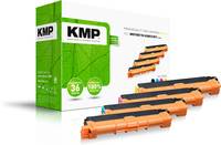 KMP-Druckertonerkartuschen-Verpackung mit mehreren orange und schwarzen Kartuschen, die vorne angezeigt werden und kompatible Mehrerpack-Verbrauchsmaterialien zeigen.