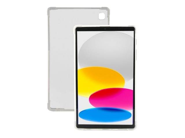 Ein durchsichtiges Smartphone-Case, das hinter einem Smartphone mit einem bunten abstrakten Bildschirm aus gelben, rosa und blauen ovalen Formen gezeigt wird.