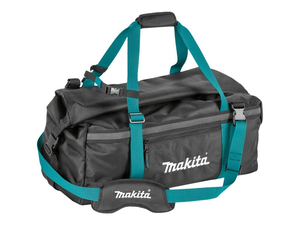 Schwarze Makita-Werkzeugtasche in Reisetaschenformat mit Griff- und Schultergurten in Blaugrün, gezeigt auf weißem Hintergrund.