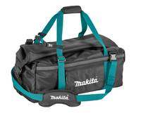 Schwarze Makita-Werkzeugtasche mit petrolblauen Riemen und Griffen, auf weißem Hintergrund dargestellt.