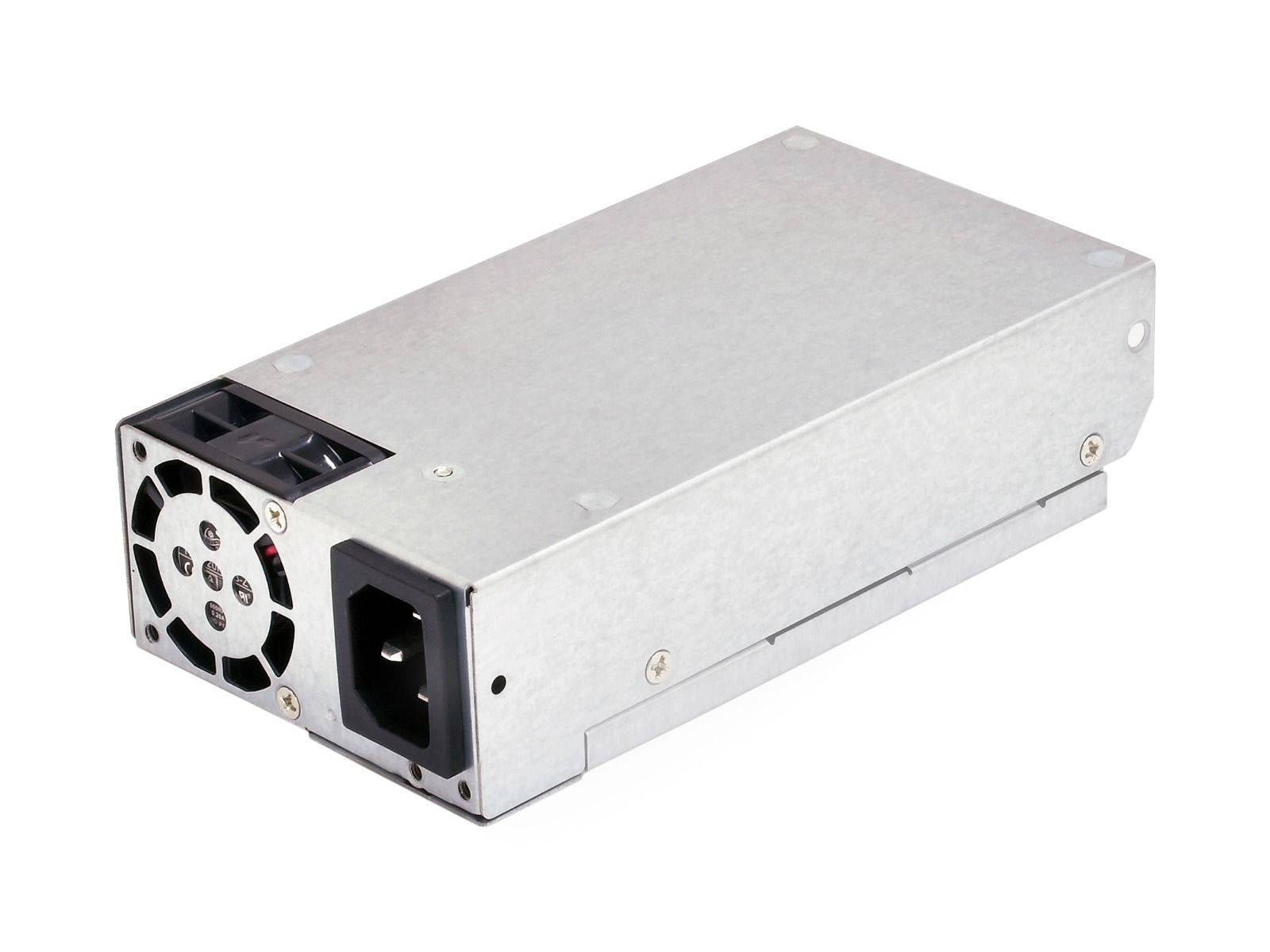 Metallische Desktop-Stromversorgungseinheit mit Kühlventilator und AC-Stromeingangsanschluss auf der Rückseite.