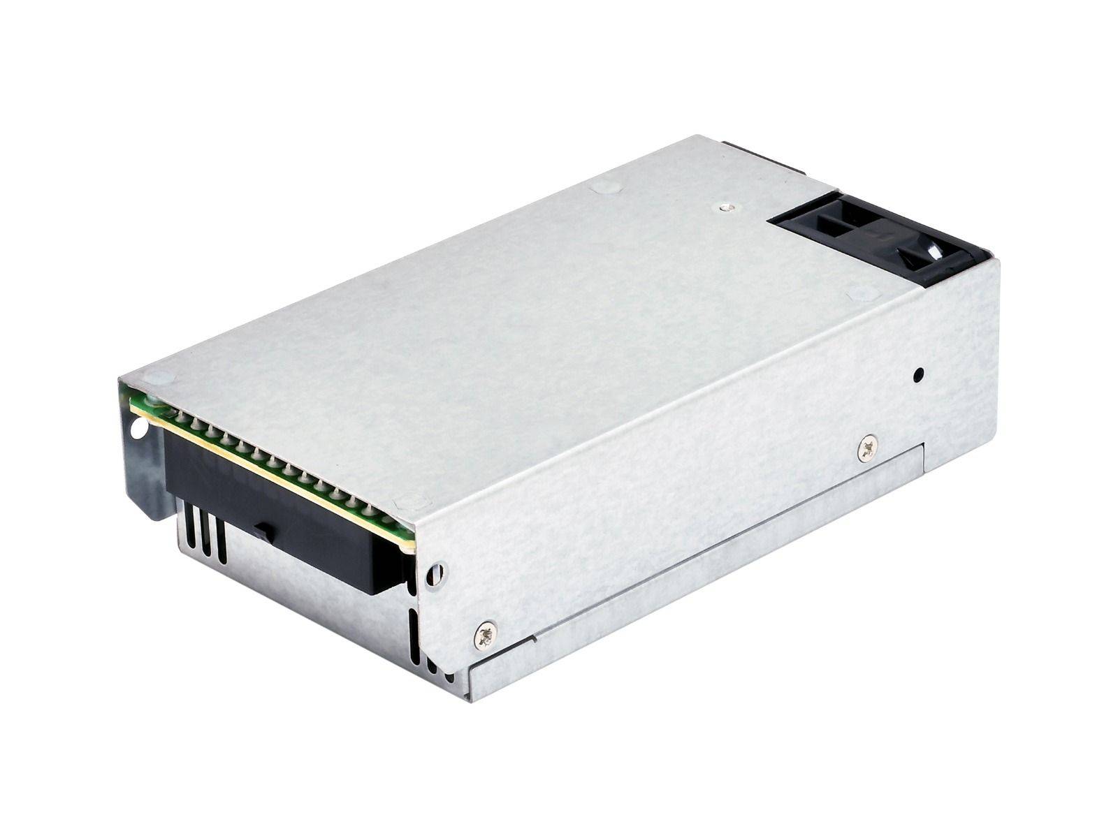 Elektronisches Stromversorgungsmodul aus Metall in einem silbernen rechteckigen Gehäuse mit freiliegender Leiterplattenkante und schwarzen Steckeröffnungen.