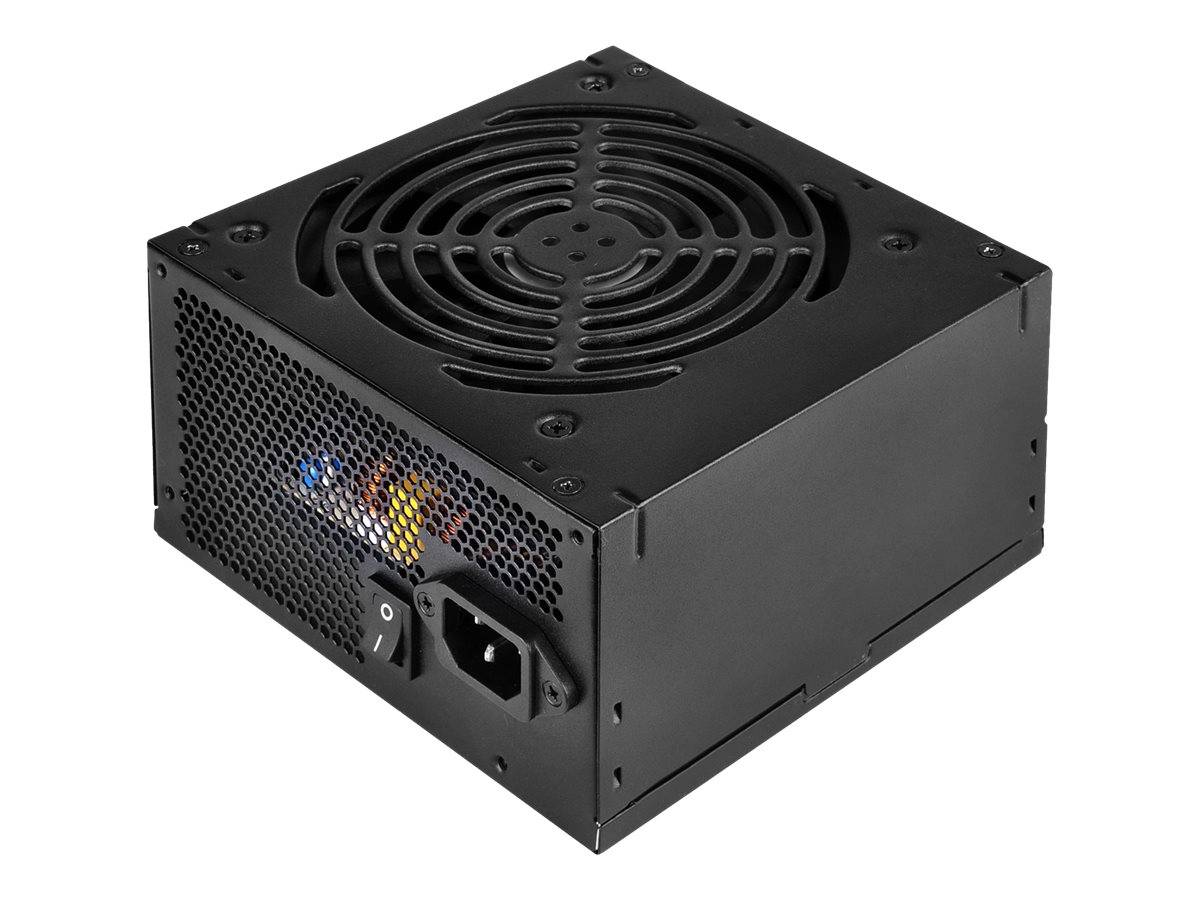 Schwarze Stromversorgungseinheit für Computer mit Kühlventilator, Stromschalter und AC-Eingangsbuchse auf weißem Hintergrund