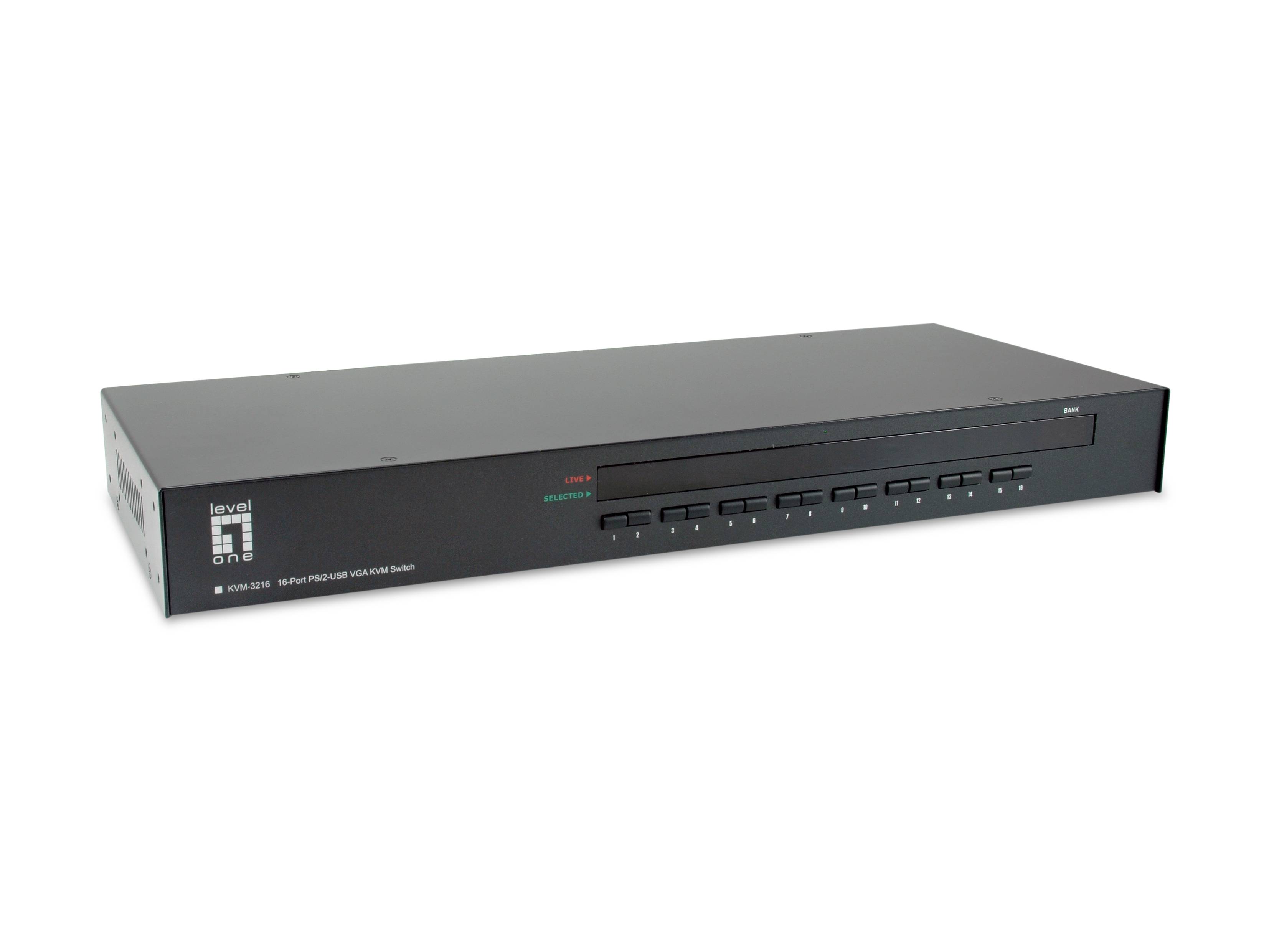 LevelOne 16-Port PS/2-USB VGA KVM Switch - 2048 x 1536 Pixel - Rack-Einbau - 1U - Schwarz