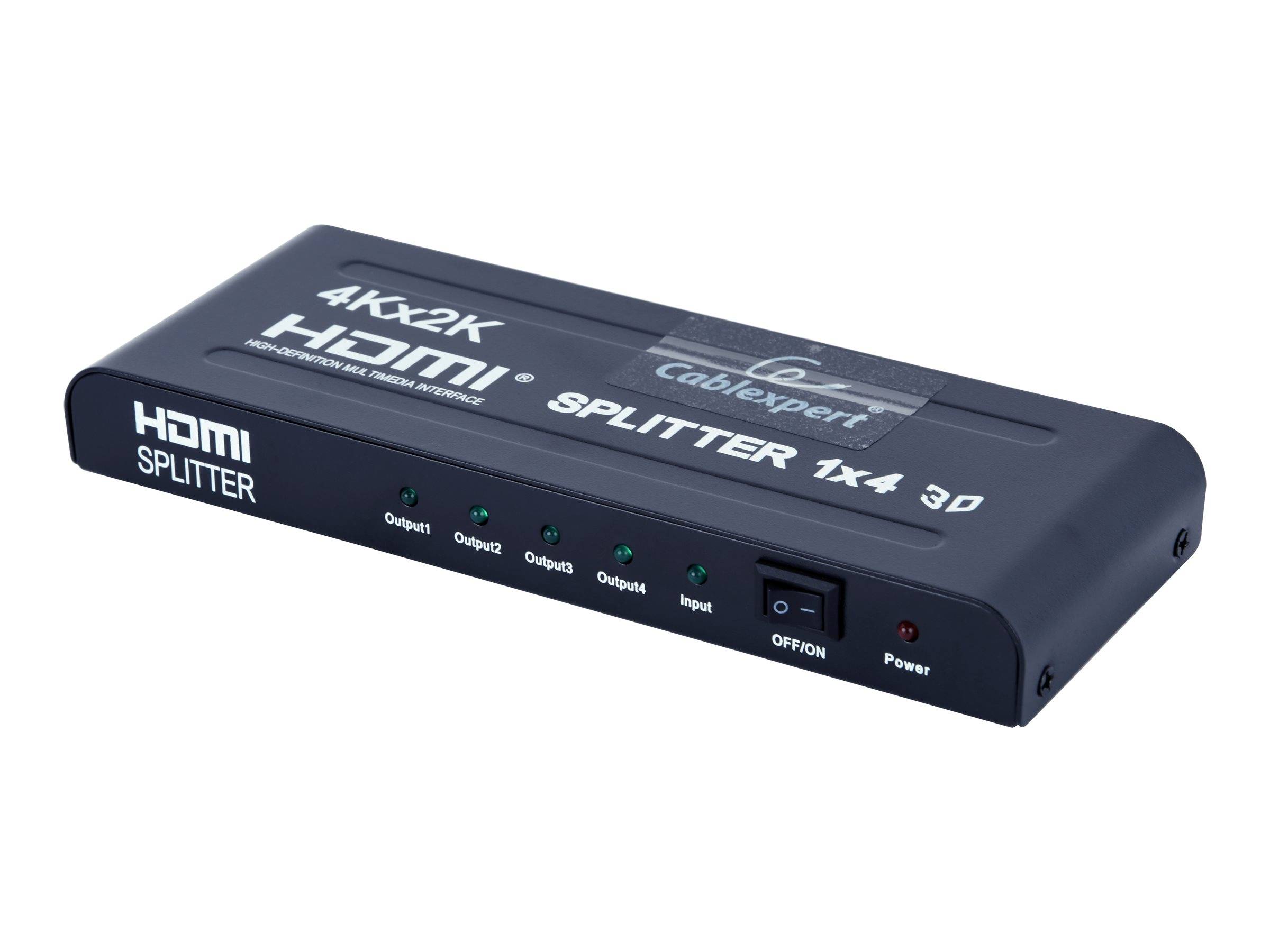 HDMI-Verteiler 1x4 - Gerät zum Aufteilen von 4K 2K HDMI-Signalen in vier Ausgänge. Ausgestattet mit Energie- und Ausgangs-Anzeigen sowie einem Schalter.