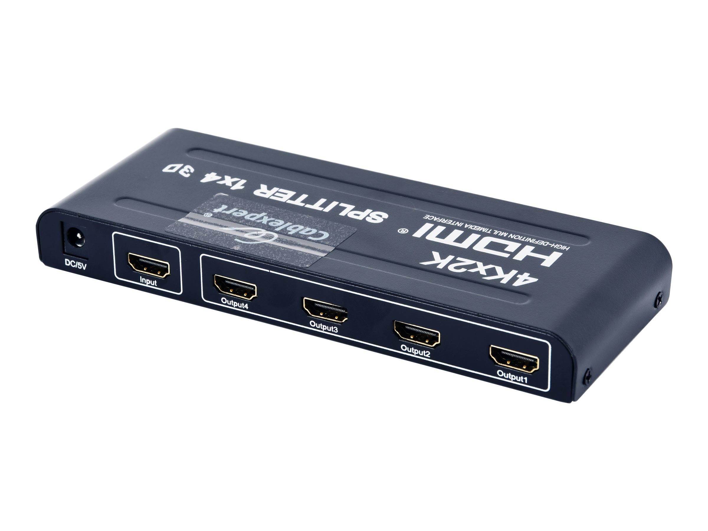 Ein schwarzer HDMI-Verteiler mit einem Eingabe- und vier Ausgabeports, mit der Beschriftung '4Kx2K VERTEILER 1x4 3D', der zur Verteilung eines einzelnen Signals auf mehrere Bildschirme verwendet wird.