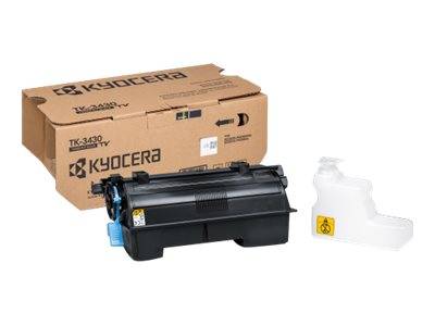 Kyocera-Druckertoner-Patronenset mit Verpackung und weißem Tonerbehälter auf neutralem Hintergrund.