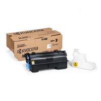 Kyocera-Tonerpatrone mit Verpackungskarton und einem weißen Tonersammelbehälter auf neutralem Hintergrund.