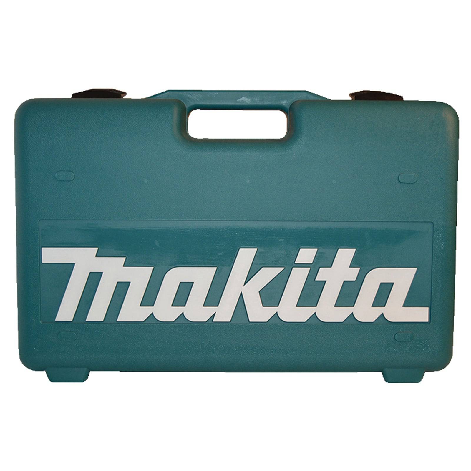 Eine grüne Plastik-Werkzeugkiste mit dem weißen Schriftzug der Marke 'Makita', ausgestattet mit einem Tragegriff.