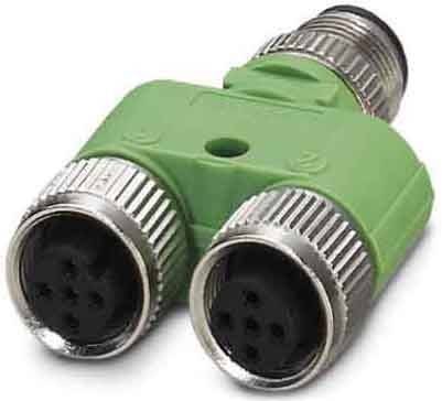 Ein zweiwegiger grüner M12-Adapter mit Metallsteckverbindern.