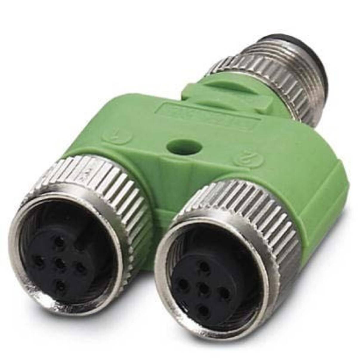 Ein grüner Y-förmiger elektrischer Anschluss mit drei metallfarbenen Steckerenden, geeignet zum Aufteilen oder Kombinieren von Signalwegen in einem Stromkreis.