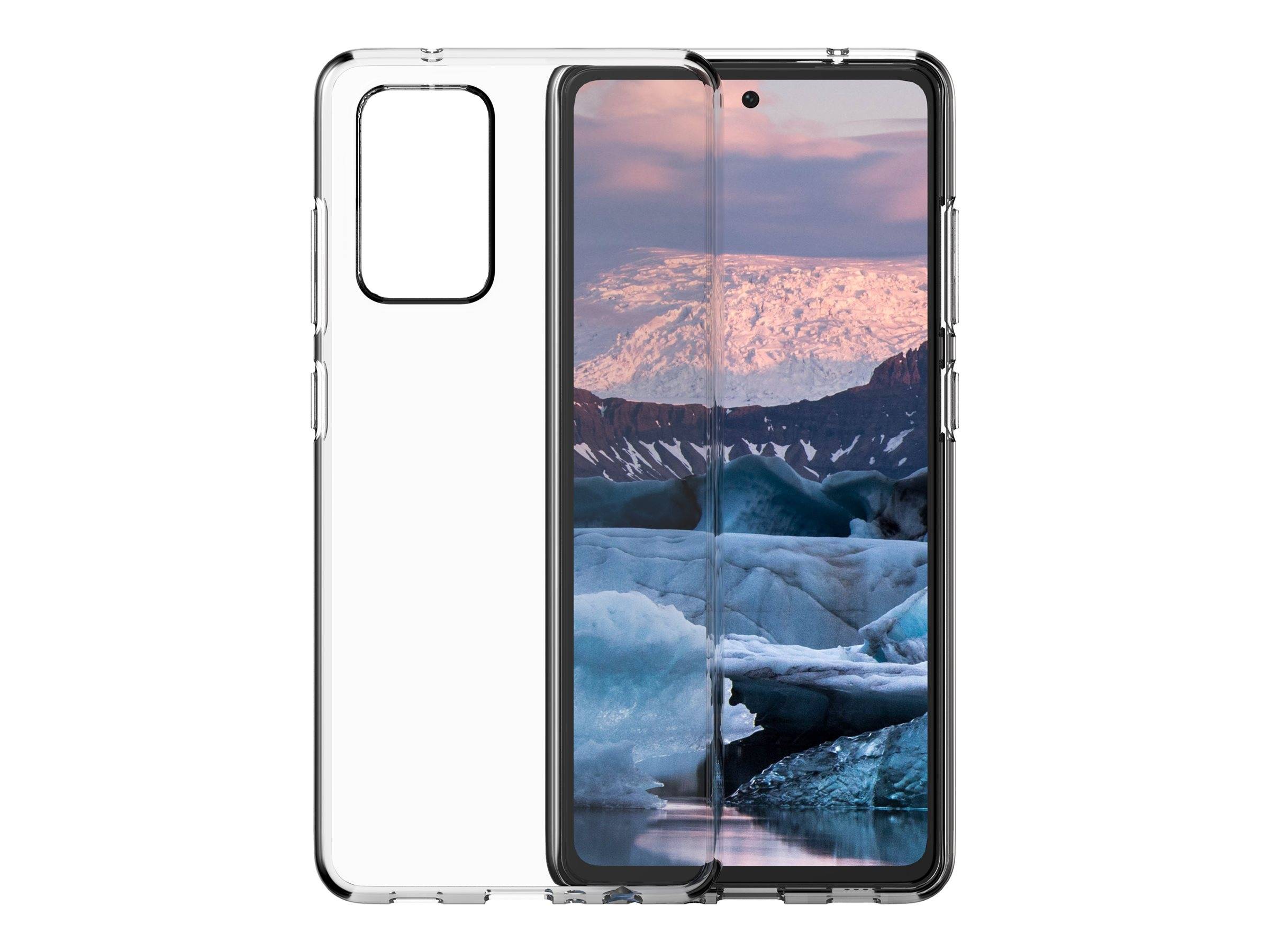 Durchsichtige Schutzhülle für Telefon, von vorne und von hinten abgebildet, mit erhöhtem Kameraausschnitt und schwarz eingefasstem transparentem Design auf weißem Hintergrund.