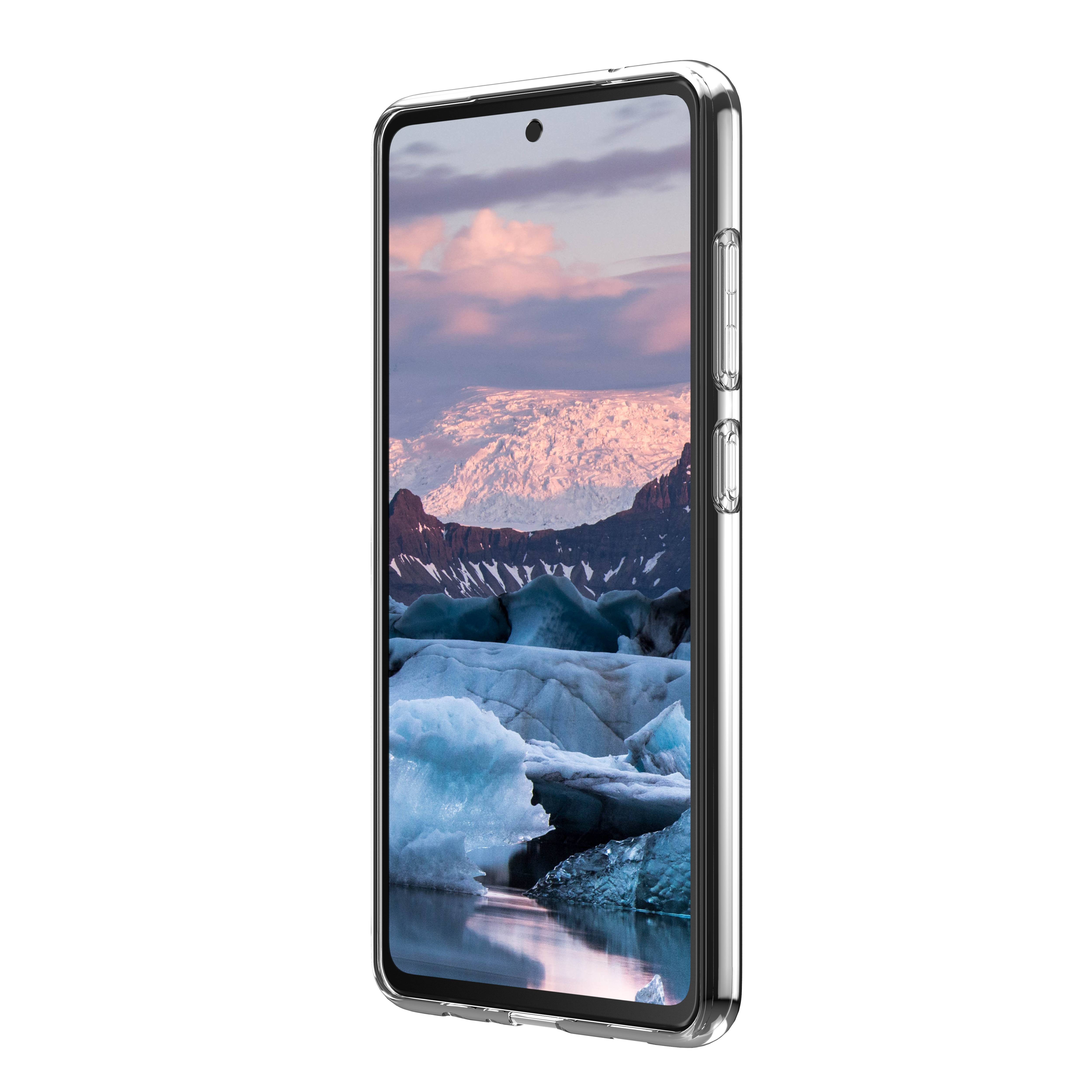 Ein Smartphone in einer transparenten Schutzhülle, in einem Winkel dargestellt, mit einem Berg- und Gletscherhintergrund auf dem Bildschirm.