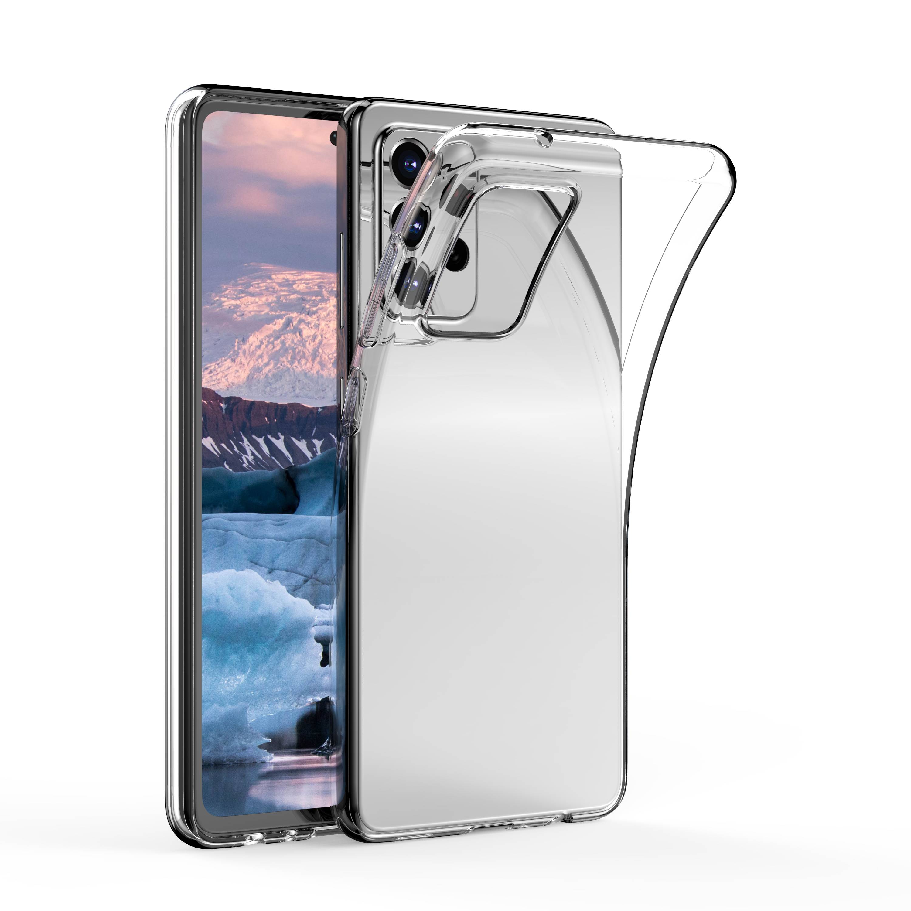 Transparente Handyhülle, die die Kameraaussparung und die erhöhte Schutzleiste des Smartphones zeigt, vorne und hinten auf weißem Hintergrund angezeigt.