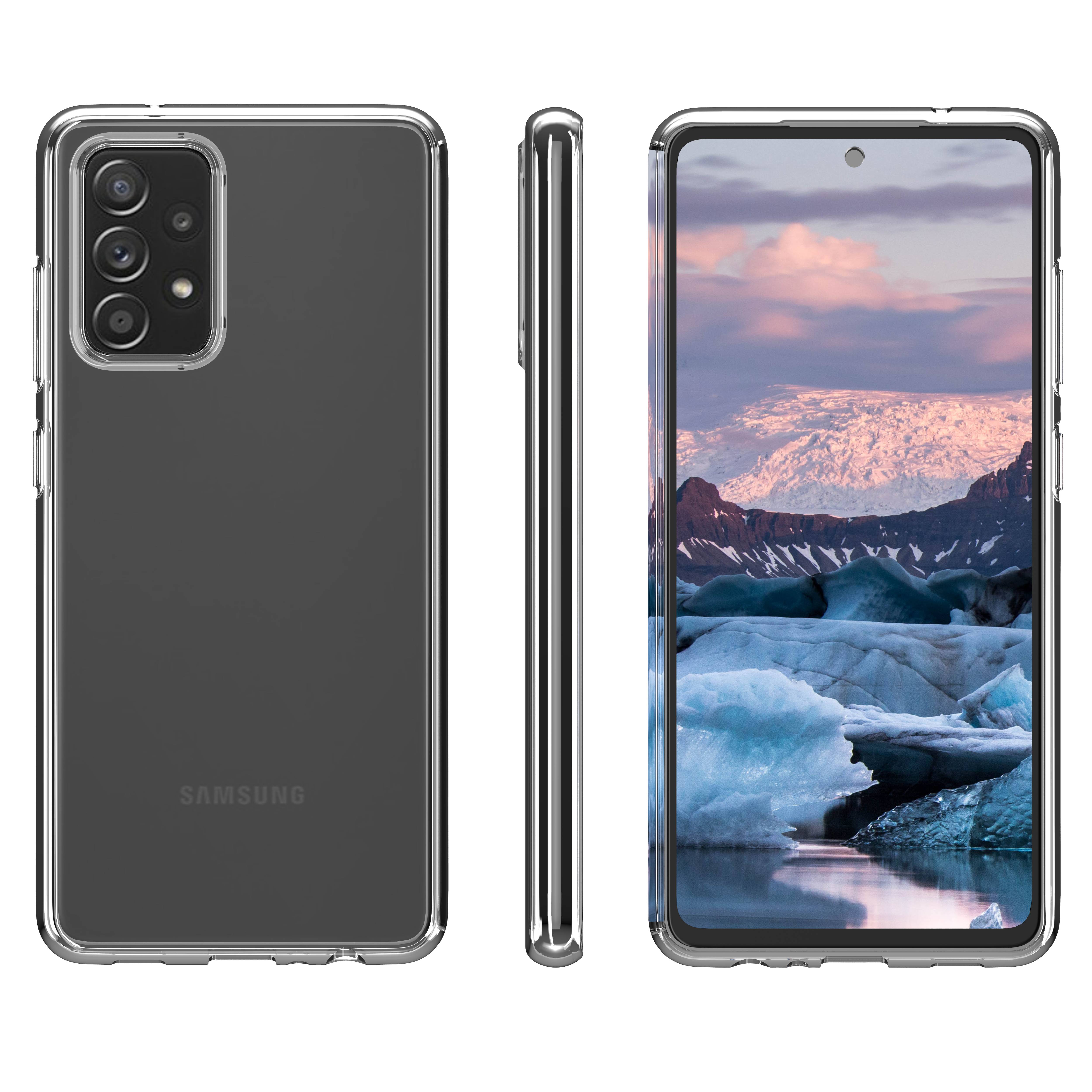 Samsung-Smartphone mit Front-, Rück- und Seitenansicht in einer transparenten Schutzhülle, mit einer Gletscherlandschaft auf dem Bildschirm angezeigt.