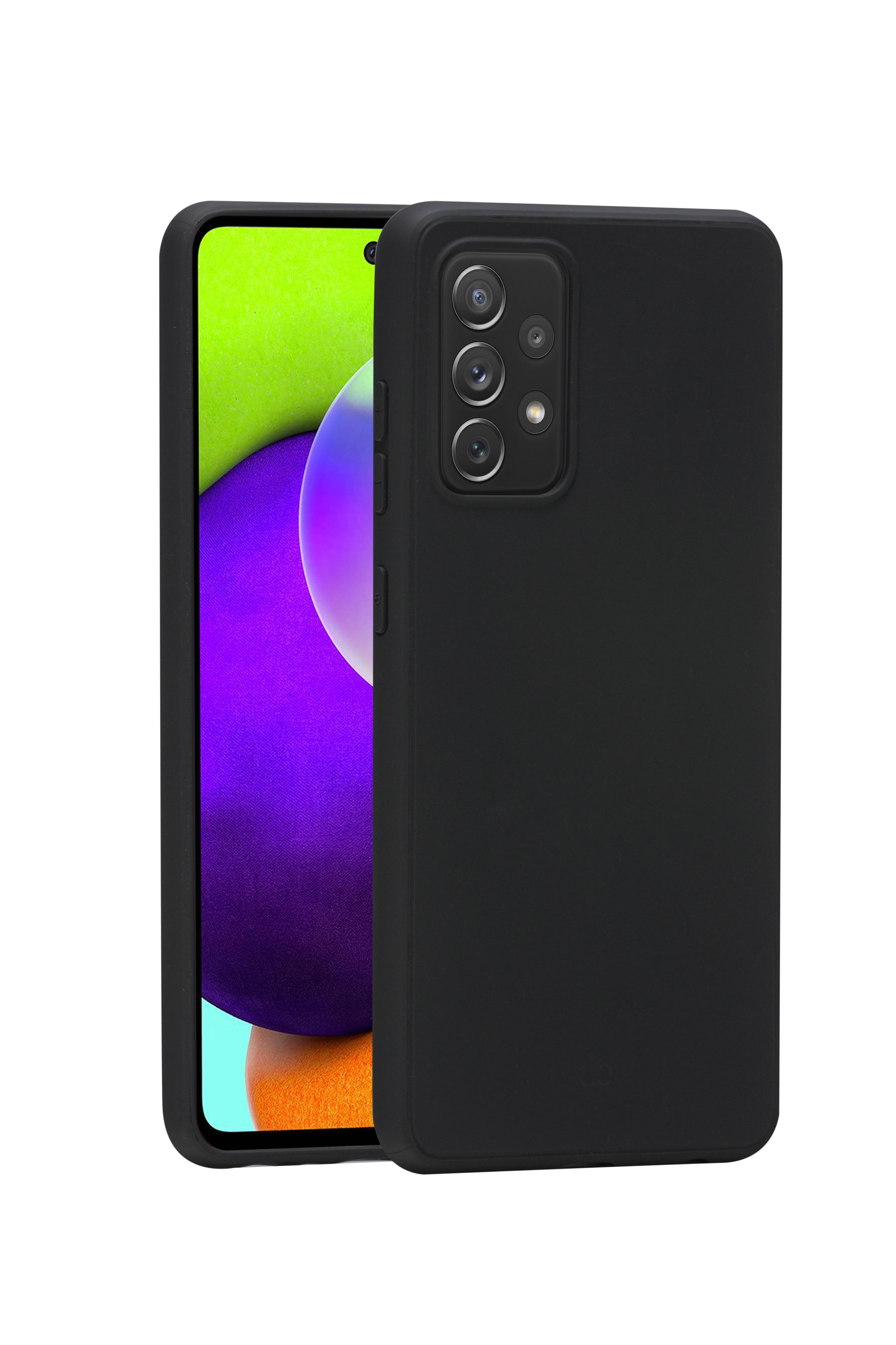Schwarzes Smartphone von vorne und hinten gezeigt, mit farbenfrohem Display und Multi-Kamera-Modul auf der Rückseite in einer Schutzhülle.