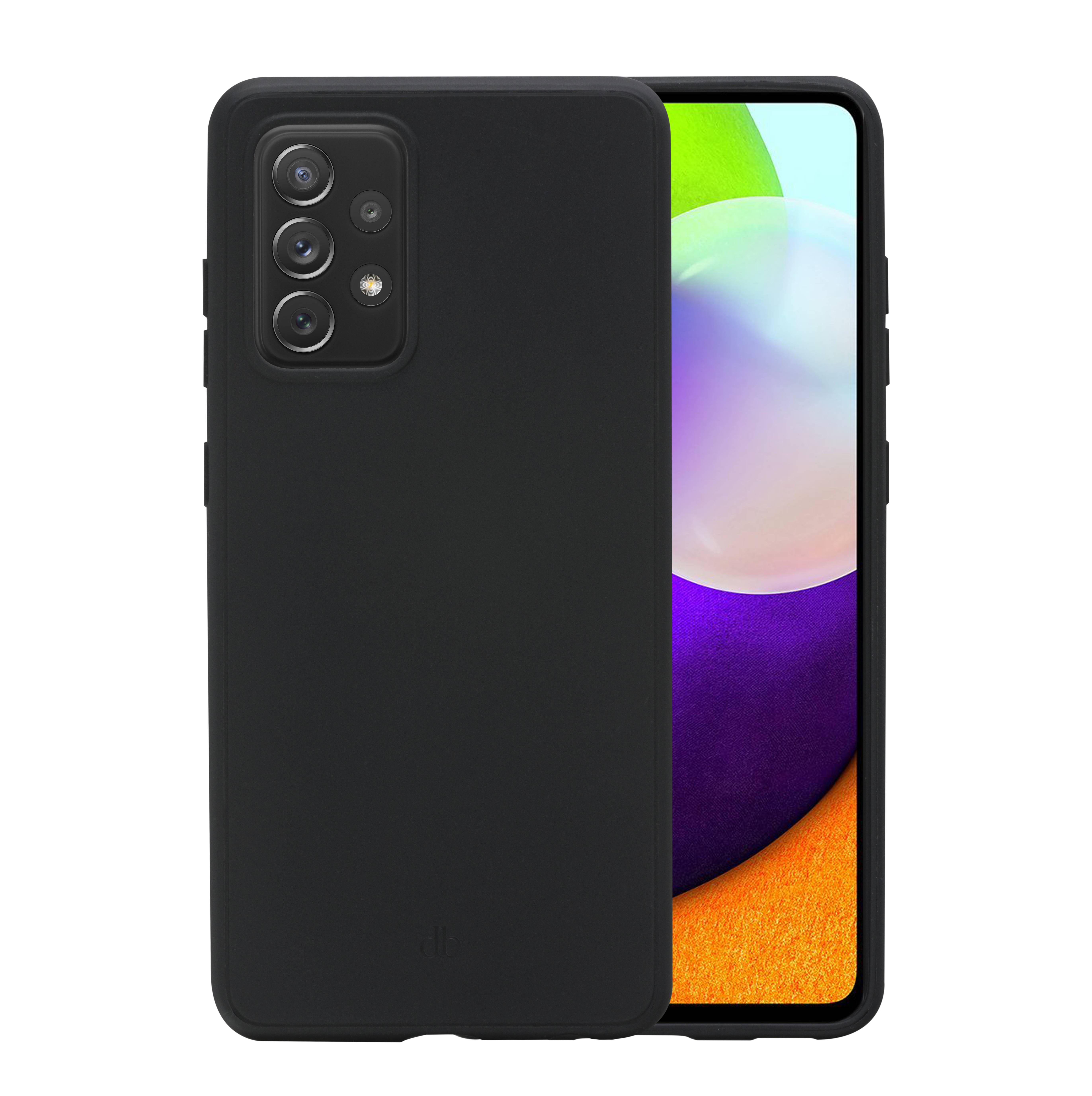 Schwarze Smartphone-Hülle, die auf einem Telefon gezeigt wird, die Rückseite bedeckt und den Bildschirm auf der rechten Seite sichtbar lässt; Ausschnitt für die hintere Kamera oben links.