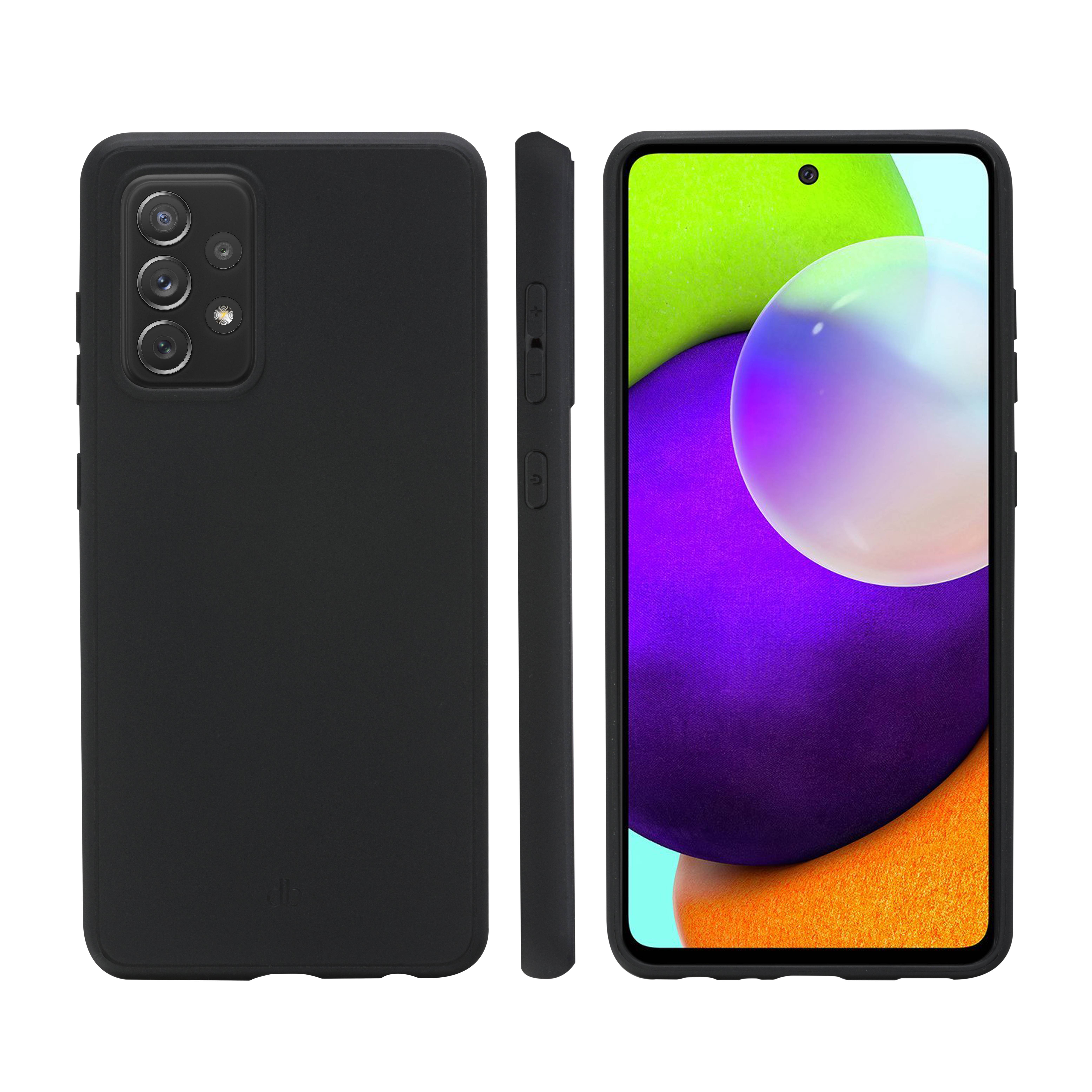 Schwarze Smartphone-Hülle, dargestellt in Front-, Seiten- und Rückansicht mit Kameraausschnitt; der Bildschirm des Telefons zeigt ein farbenfrohe abstrakte Tapete.