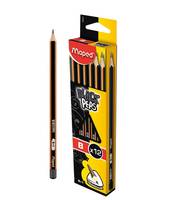 Maped Black Peps Bleistiftbox mit einem einzelnen schwarzen Holzbleistift daneben auf weißem Hintergrund.