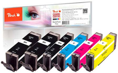 Reihe von sechs Peach InkJet ProPlus Druckertintenkartuschen in Schwarz, Cyan, Magenta und Gelb, mit Produktverpackung darüber abgebildet.