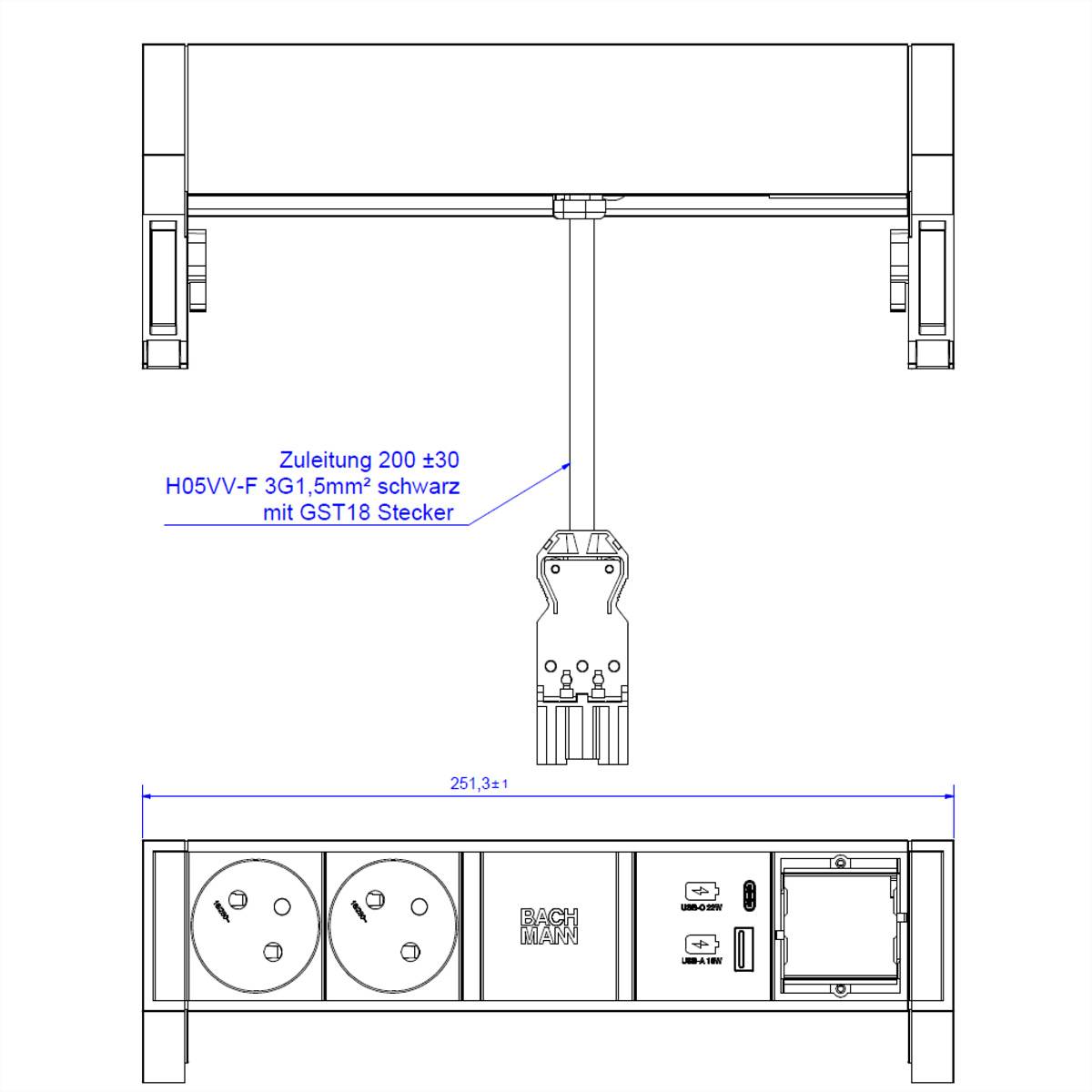 BACHMANN DESK2 2xUTE 1xUSB A/C 22W 1xCM 0,2m GST18 RAL9005