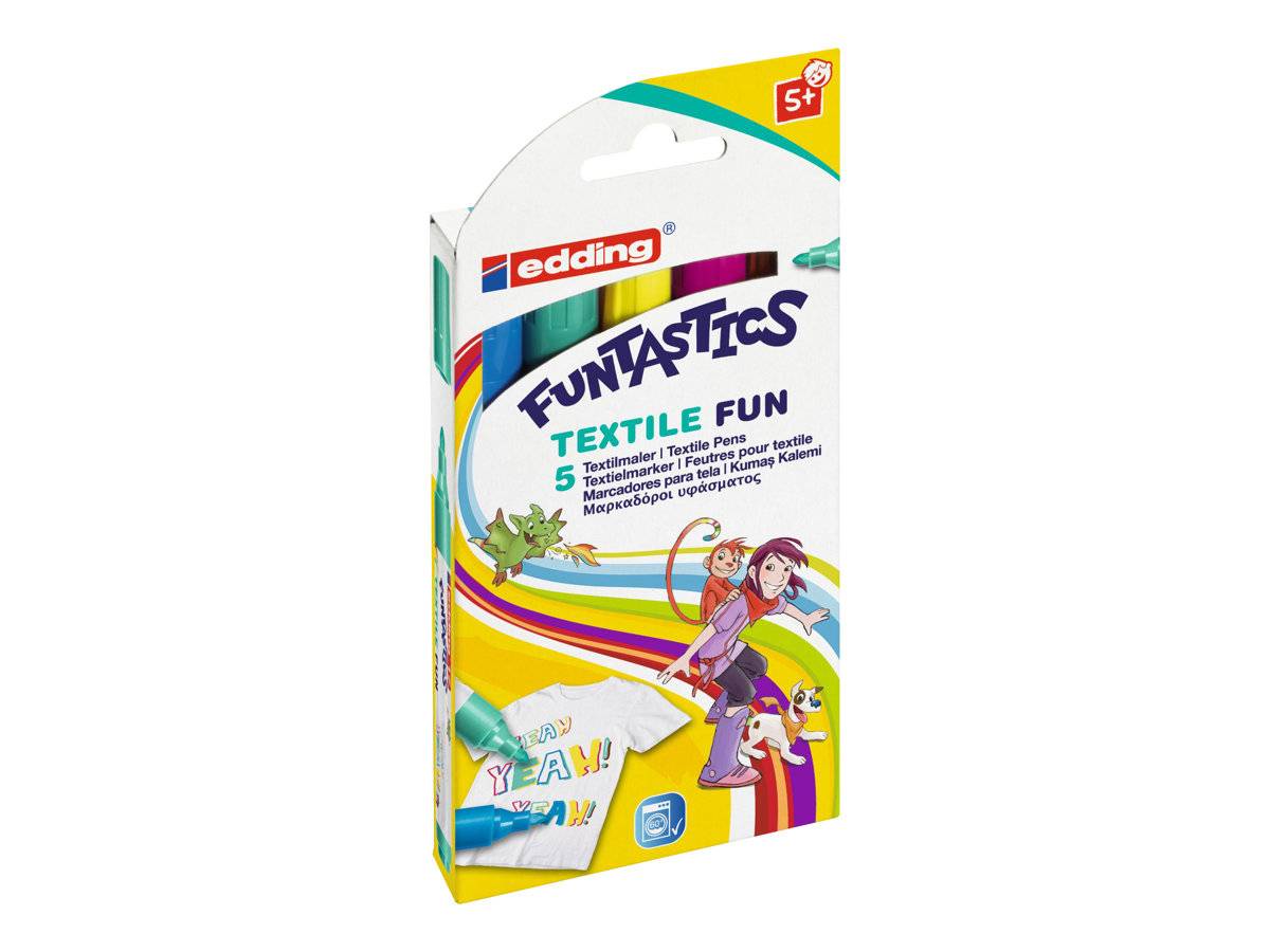 edding FUNTASTICS 17 TEXTILE FUN - Marker - für Textil - Hellblau, Gelb, braun, Karminrot, Blassgrün - wasserbasierte Ti