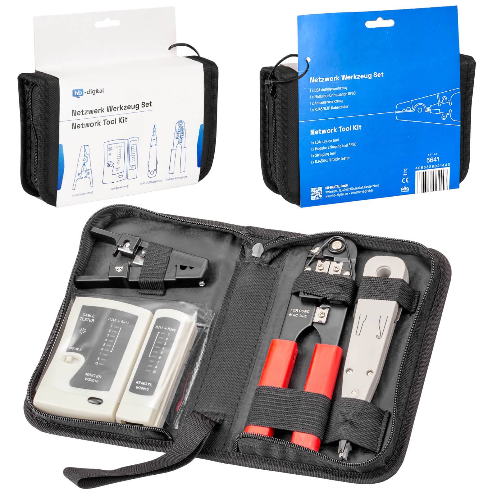 hb-digital Netzwerk Werkzeug SET LSA Auflegewerkzeug Crimpzange Kabeltester 4-teilig mit Tasche
