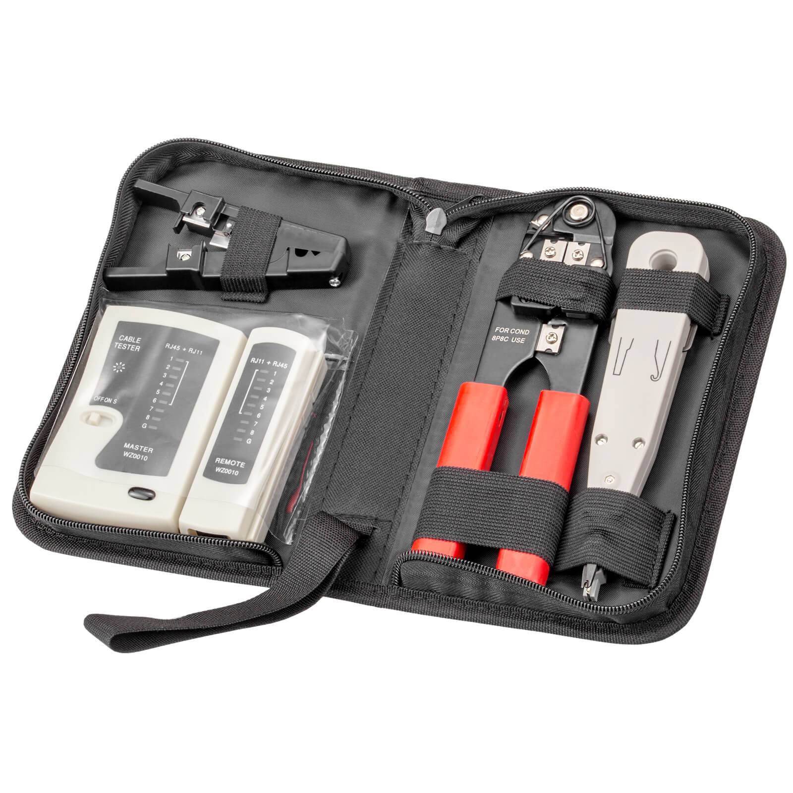hb-digital Netzwerk Werkzeug SET LSA Auflegewerkzeug Crimpzange Kabeltester 4-teilig mit Tasche
