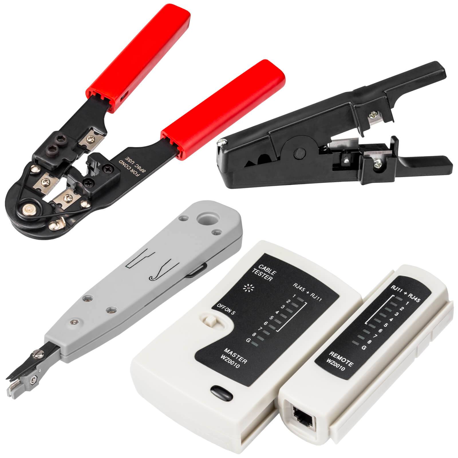 hb-digital Netzwerk Werkzeug SET LSA Auflegewerkzeug Crimpzange Kabeltester 4-teilig mit Tasche