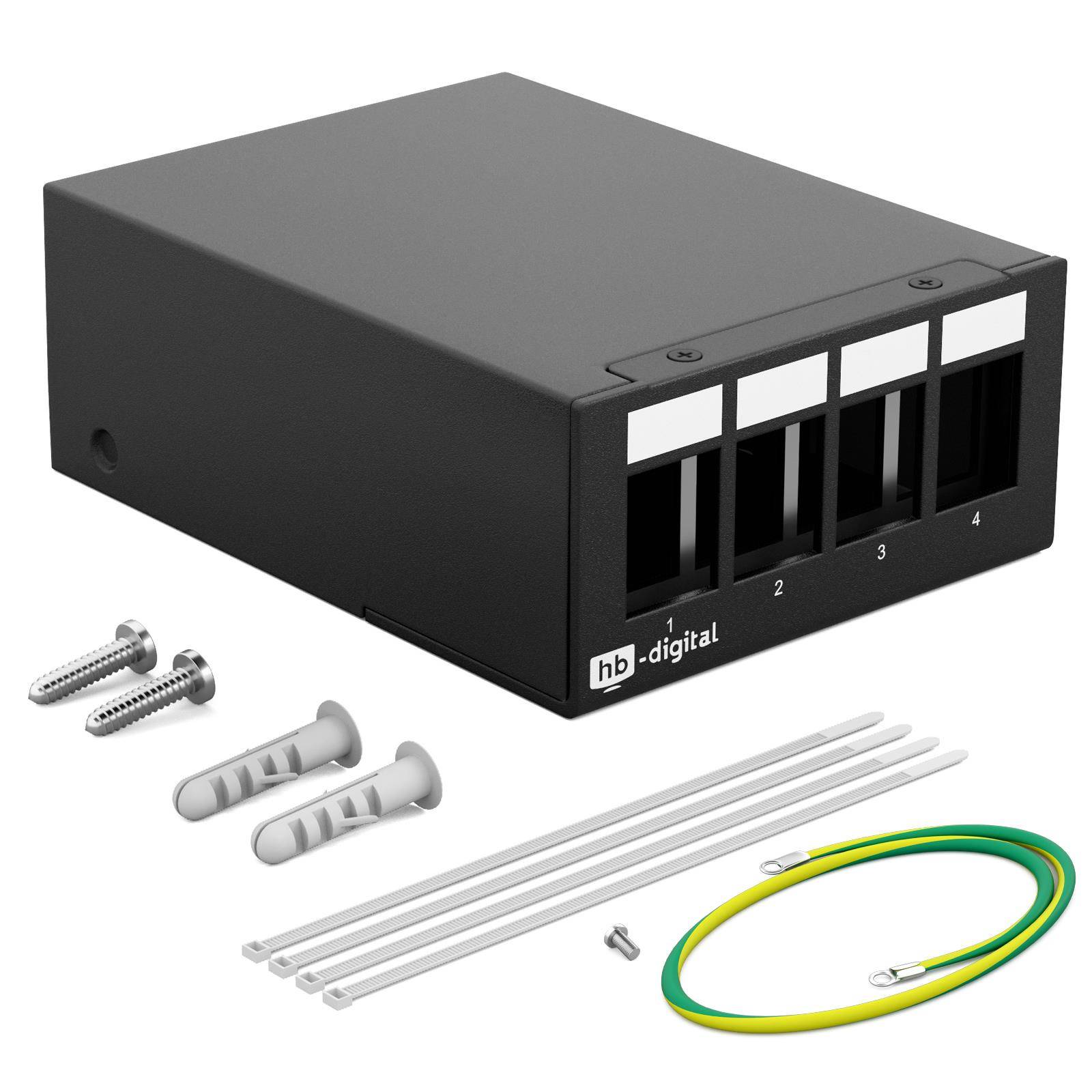Schwarze vierteilige wandmontierte Medienbox mit Etiketten, plus Befestigungsschrauben, Dübel, Kabelbinder und ein grün-gelbes Erdungsdrähte-Set.