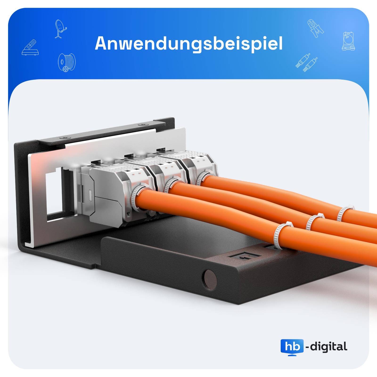 3D-Illustration eines Kabelverbindungsmoduls mit orangefarbenen Kabeln, die in eine Halterung eingesteckt sind, mit der Beschriftung „Anwendungsbeispiel