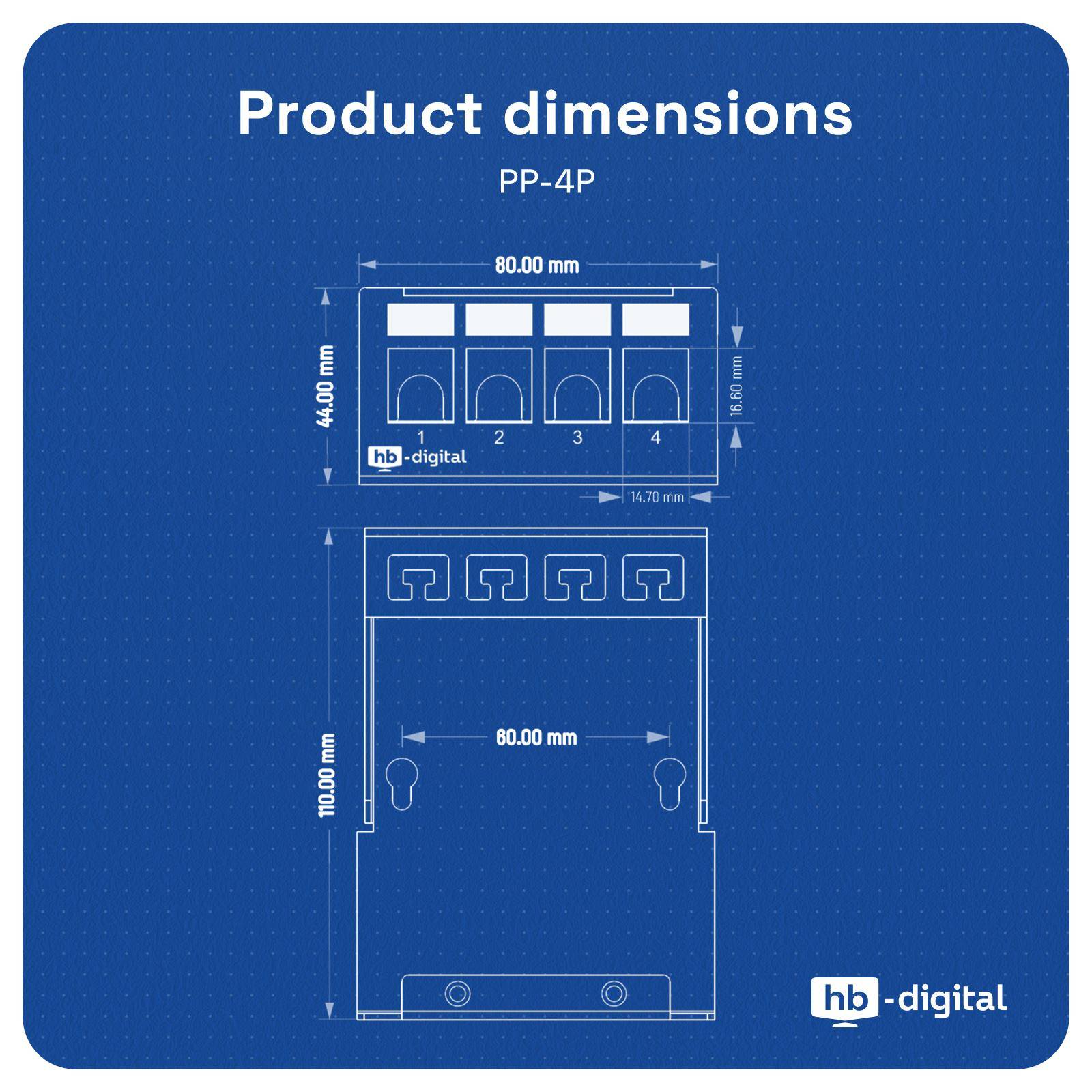 Technische Zeichnung im Blueprint-Stil für Produktabmessungen des Modells 'PP-4P' mit Vorder- und Seitenansicht und Maßangaben: 80,00 mm Breite, 44,00 mm Höhe, 110,00 mm Höhe und 60,00 mm innere Breite.