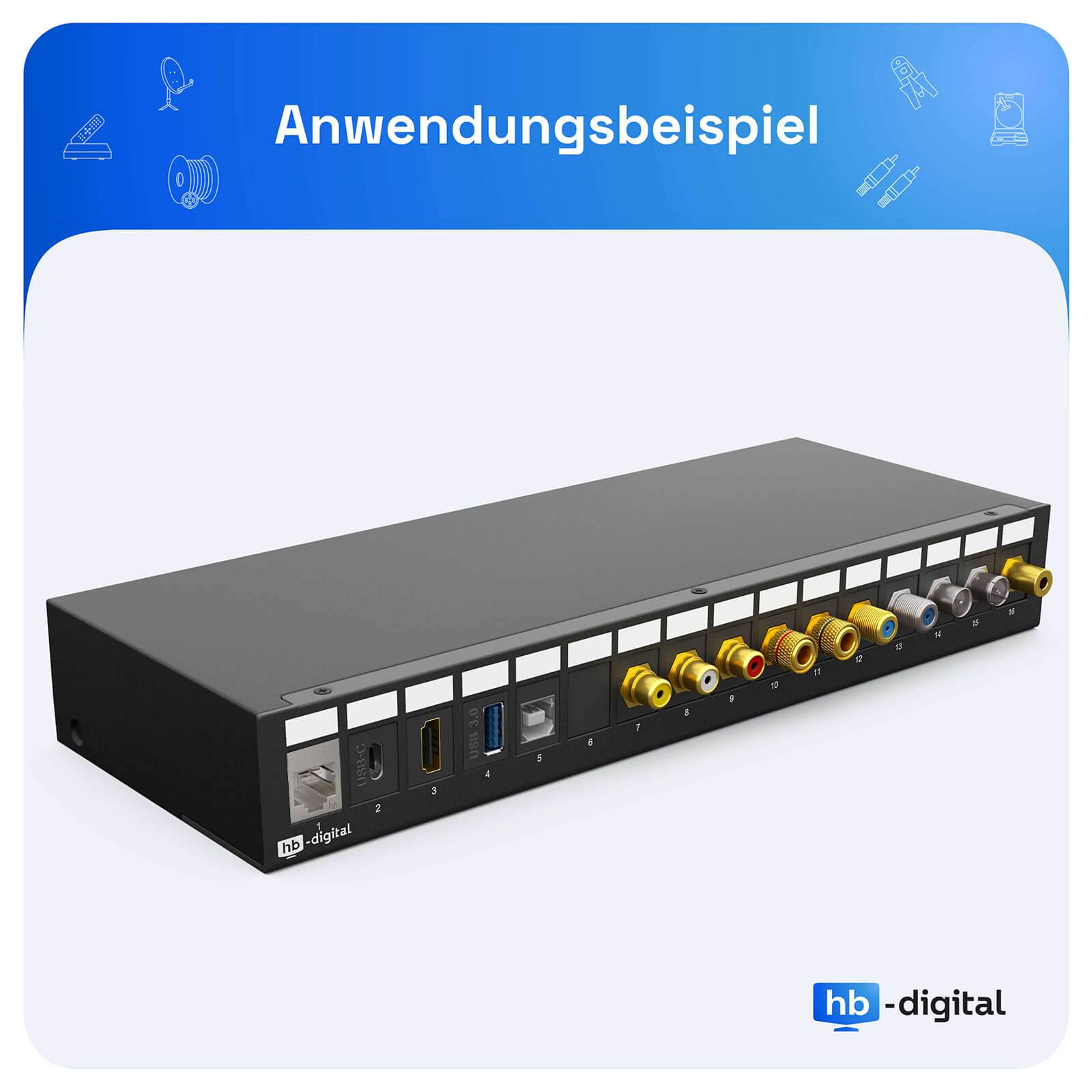 Produktfoto einer schwarzen hb-digital Audio-/Videoschalterbox mit mehreren Ein-/Ausgangsanschlüssen und Steckverbindern, beschriftet mit „Anwendungsbeispiel