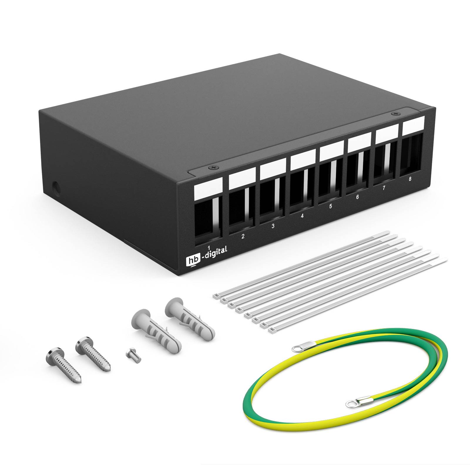 Achtfach schwarze, wandmontierte Ethernet-Netzwerk-Patchpanels mit nummerierten Buchsen, plus Schrauben, Dübel, Kabelbinder und grün-gelbes Erdungskabel.