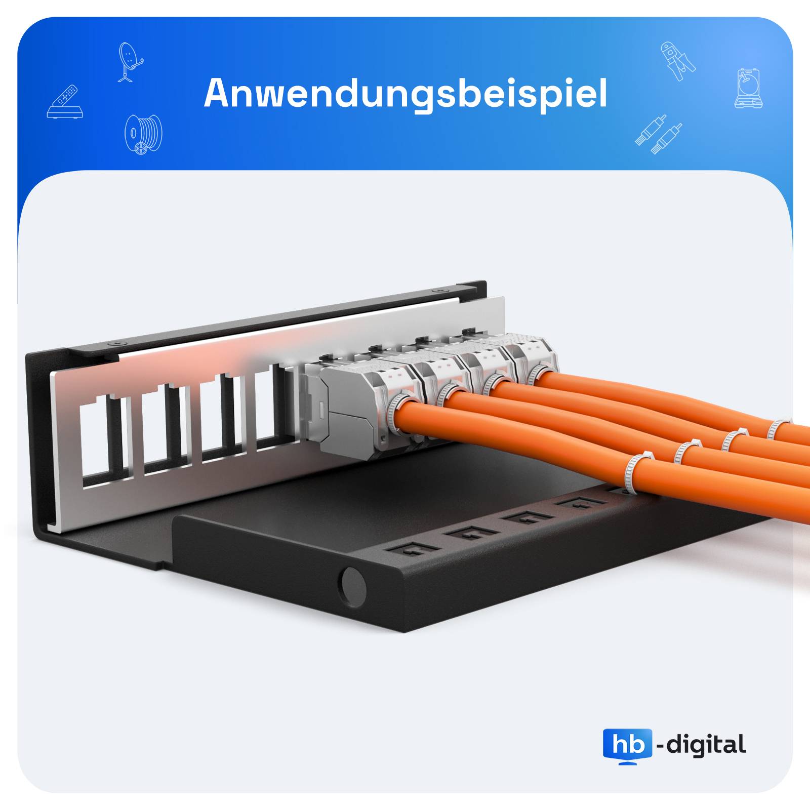 3D-Darstellung eines Kabelverbindermoduls mit vier orangefarbenen Kabeln, beschriftet mit 