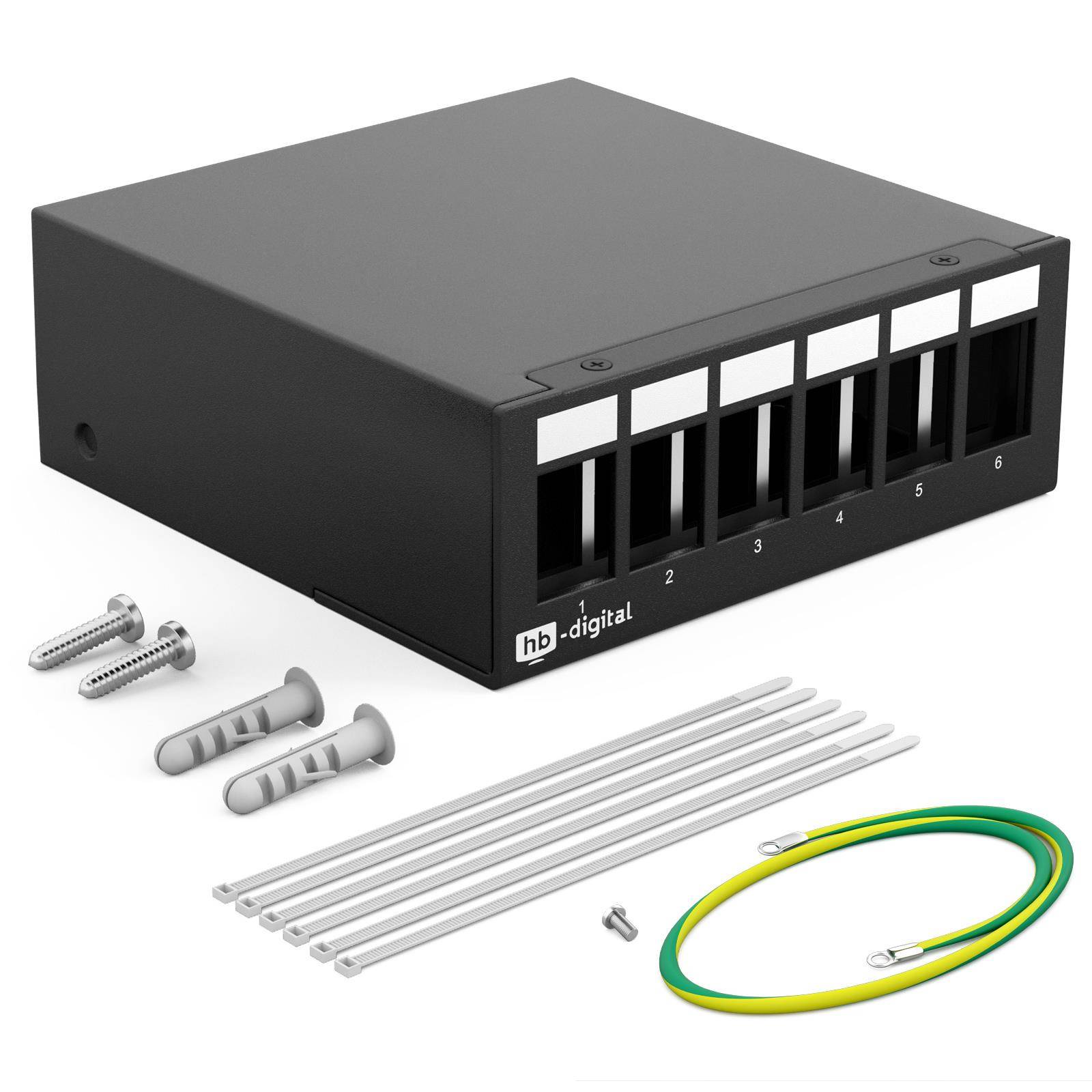 hb-digital Patch Panel 6 Port für Keystone Module Netzwerk Switch Gehäuse schwarz