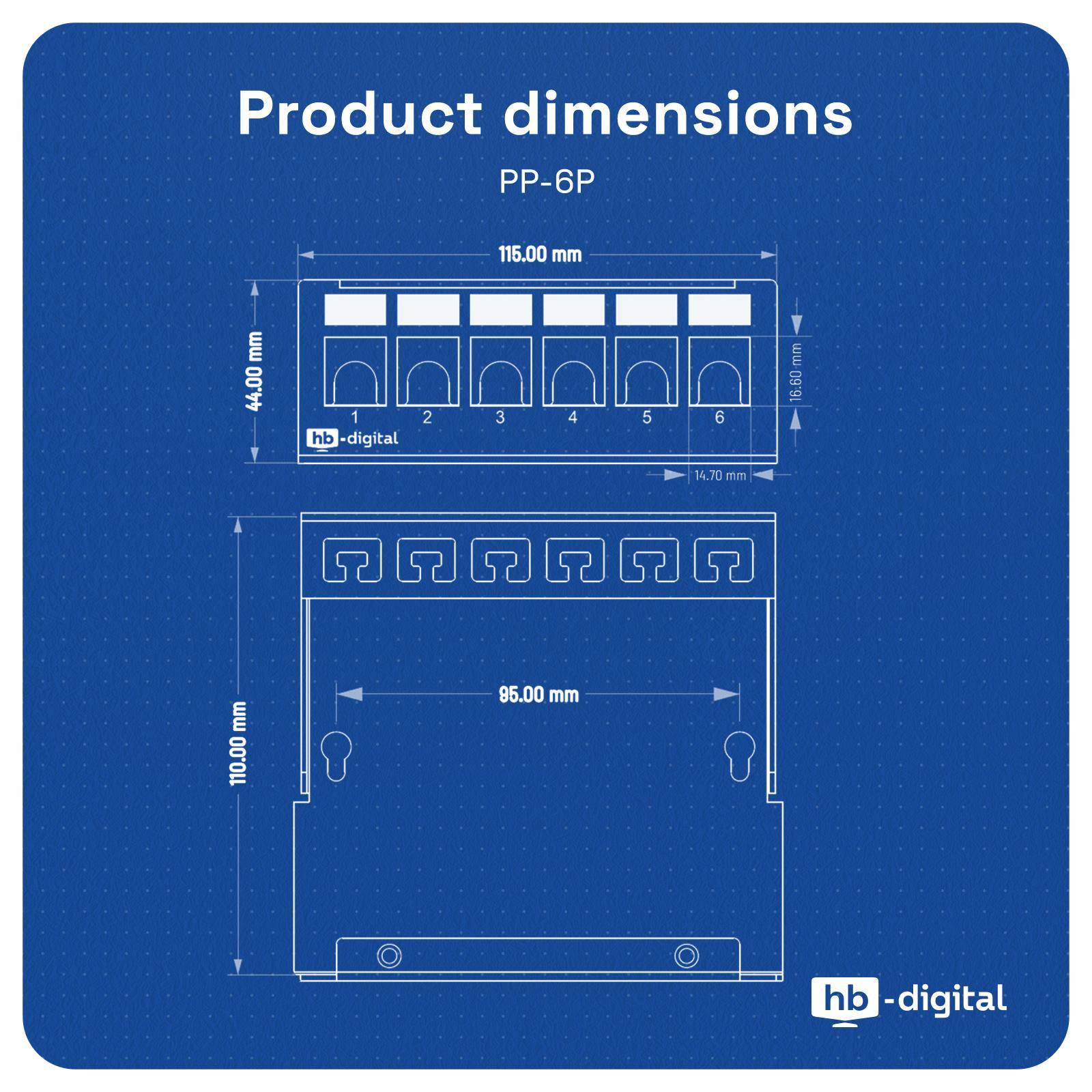 Bauplan-Stil-Produktdimensionsdiagramm für PP-6P, zeigt Vorder- und Seitenansichten mit Maßen: 115,00 mm Breite, 44,00 mm Höhe, 96,00 mm innere Breite, 110,00 mm Höhe.