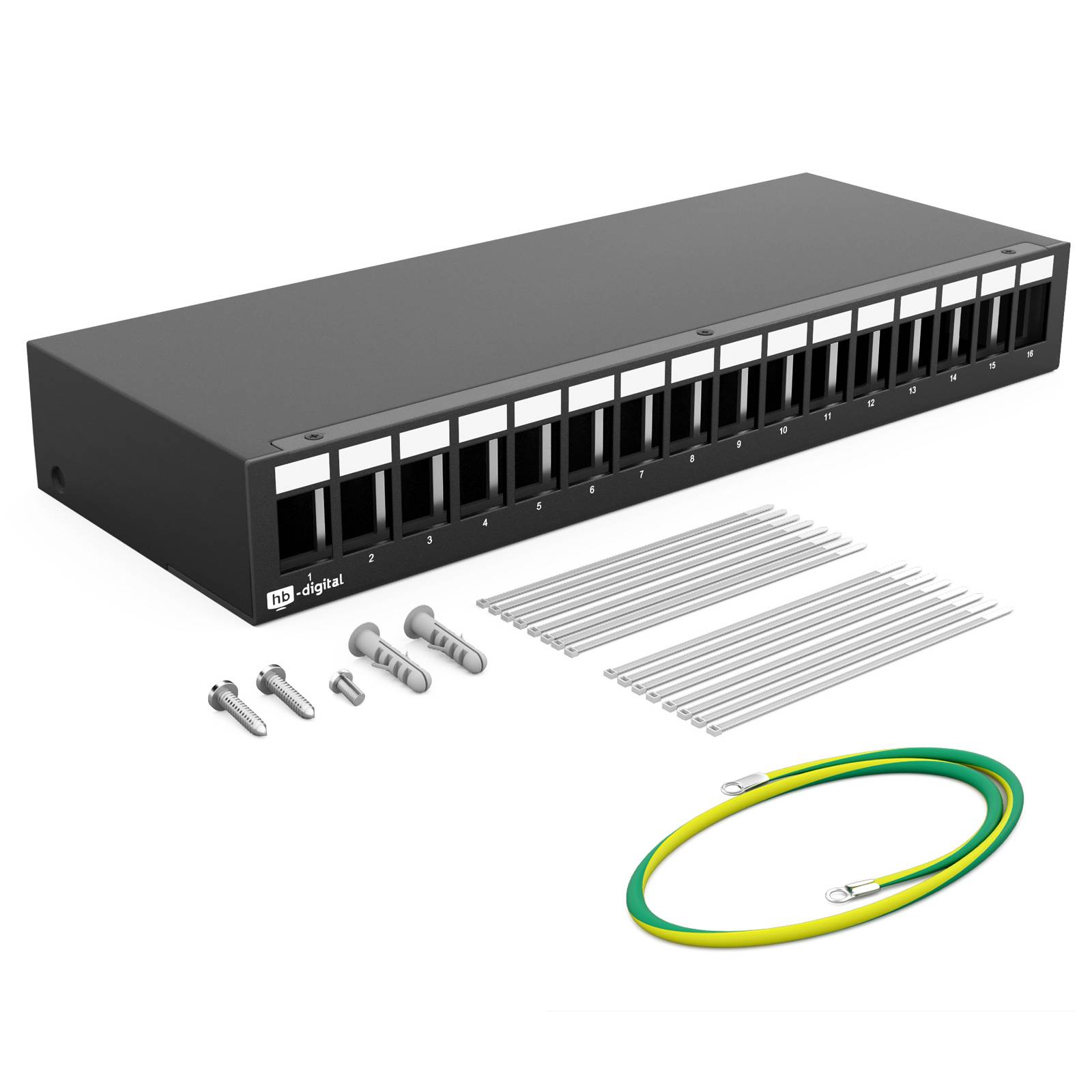 hb-digital Patch Panel 16 Port für Keystone Module Patchfeld Patchbox Gehäuse schwarz